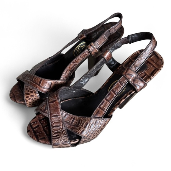 Ash Croc Embossed Brown Leather Slingback Heels Sandals Resort Shoes 38 (7.5-8) - Picture 1 of 10